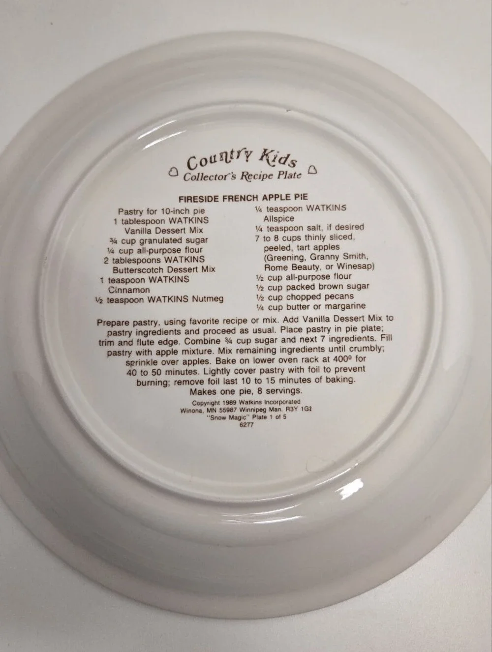Vintage 1989 Watkins Country Kids Collector's Recipe Pie Plates Set of 2